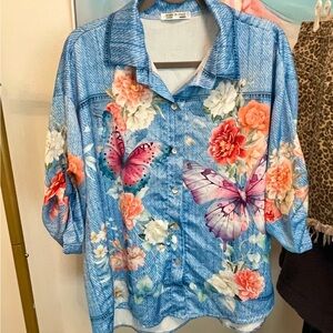 Made in Italy Blue Floral Butterfly Button Down Shirt  Large